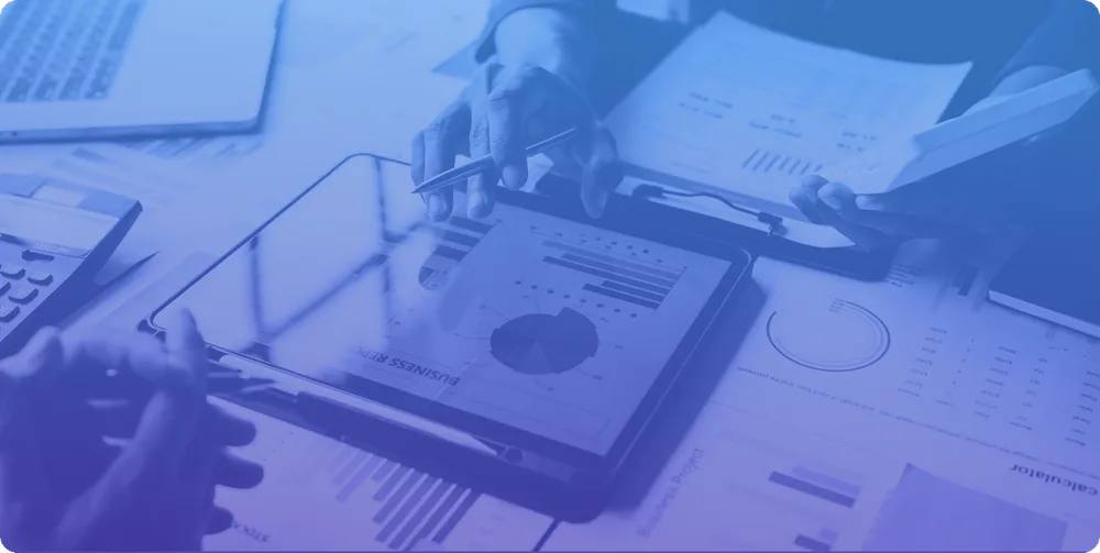 Financial services advisors analyzing market and client data