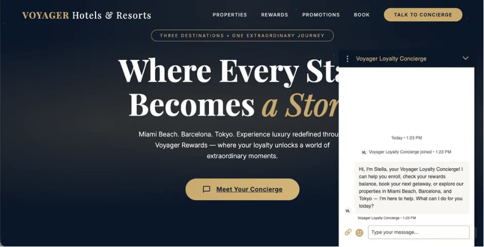 The Voyager loyalty concierge demo, Stella greeting a member and offering to check rewards or book a stay
