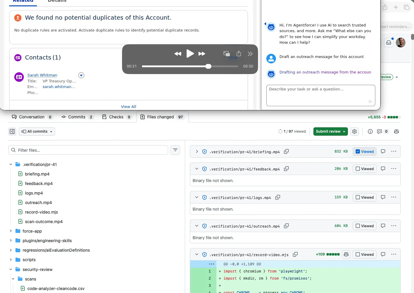 One recording per feature committed to the pull request, and the Agentforce sidebar answering for real